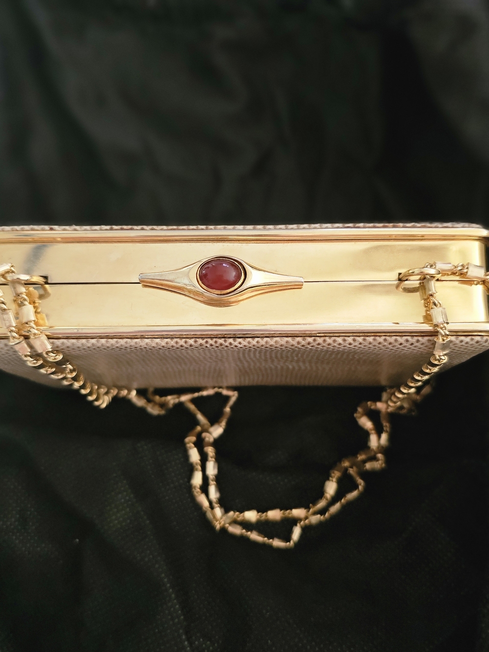 Vintage Judith Leiber Lizard Skin Minaudière Evening Bag Red Cabochon Clasp - Picture 2 of 10